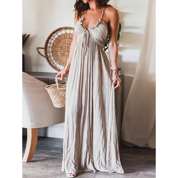 Commense Striped Maxi Dress Women's Sleeveless Backless Tie Beach Bohemian M - Picture 2 of 10